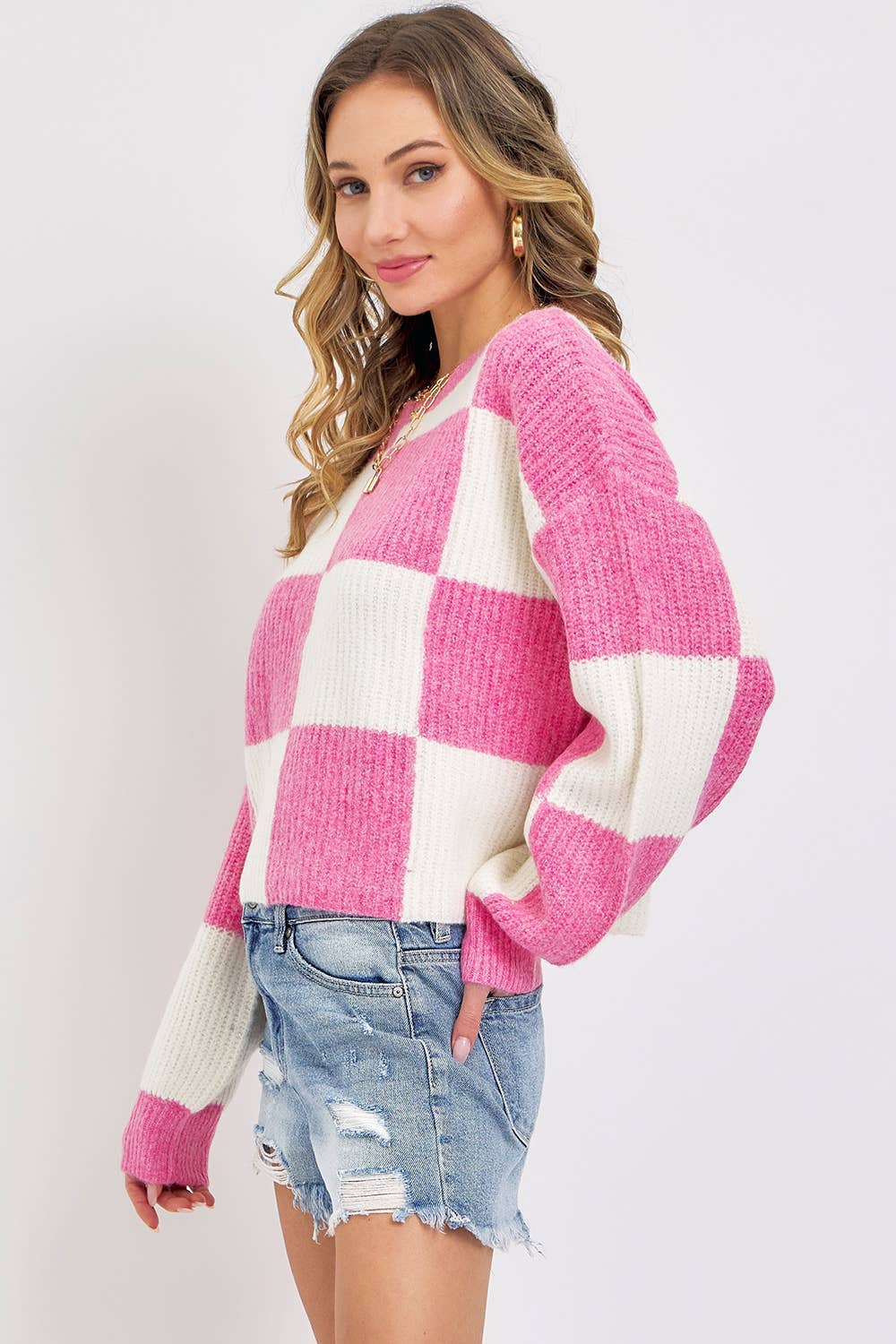 Sweet Lovely by Jen - CASUAL SOFT COZY  RELAXED FIT CHECKER KNIT SWEATER