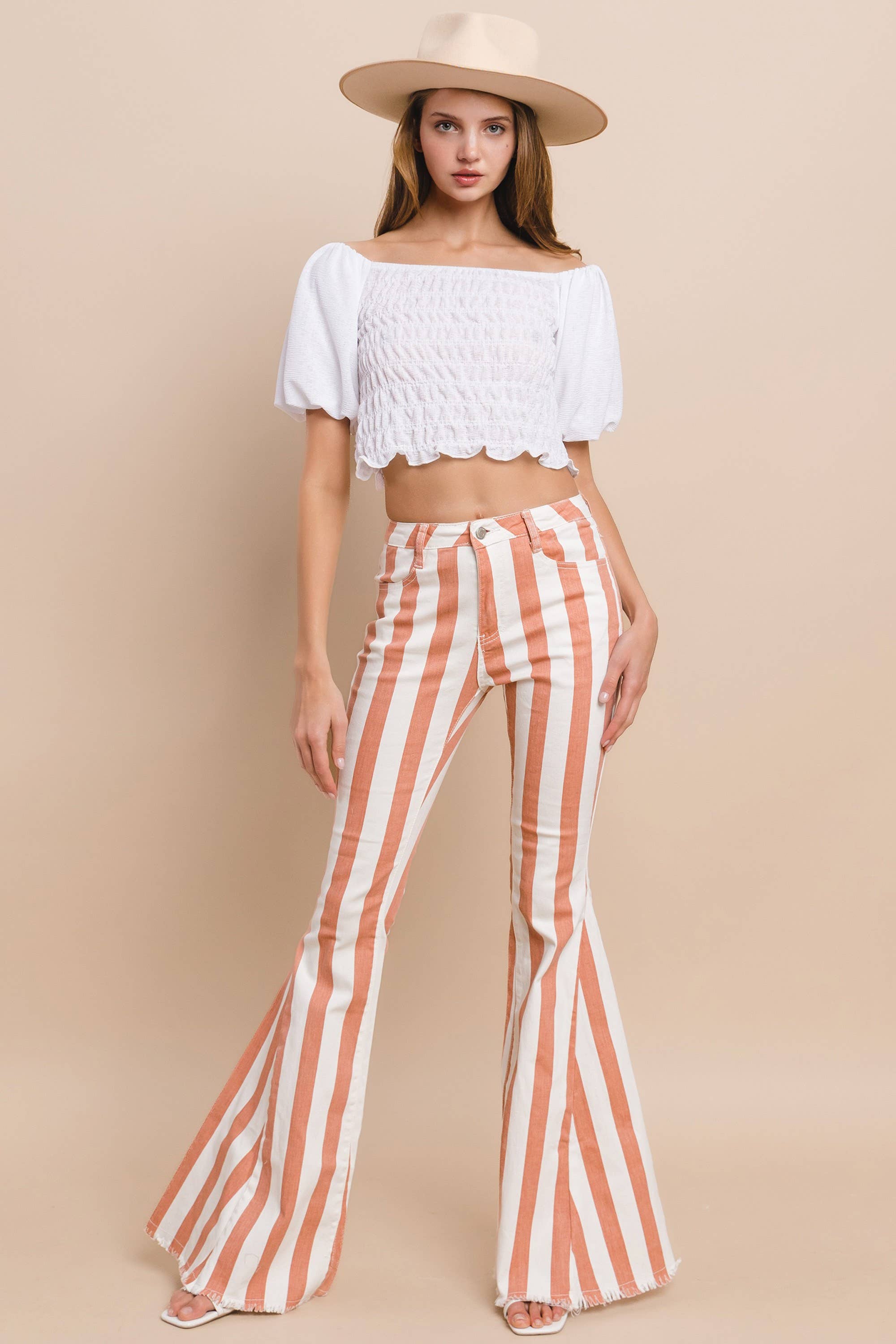 WISTERIA LANE - STRIPED DENIM BELLBOTTOMS - CREAM CORAL W2001PIA