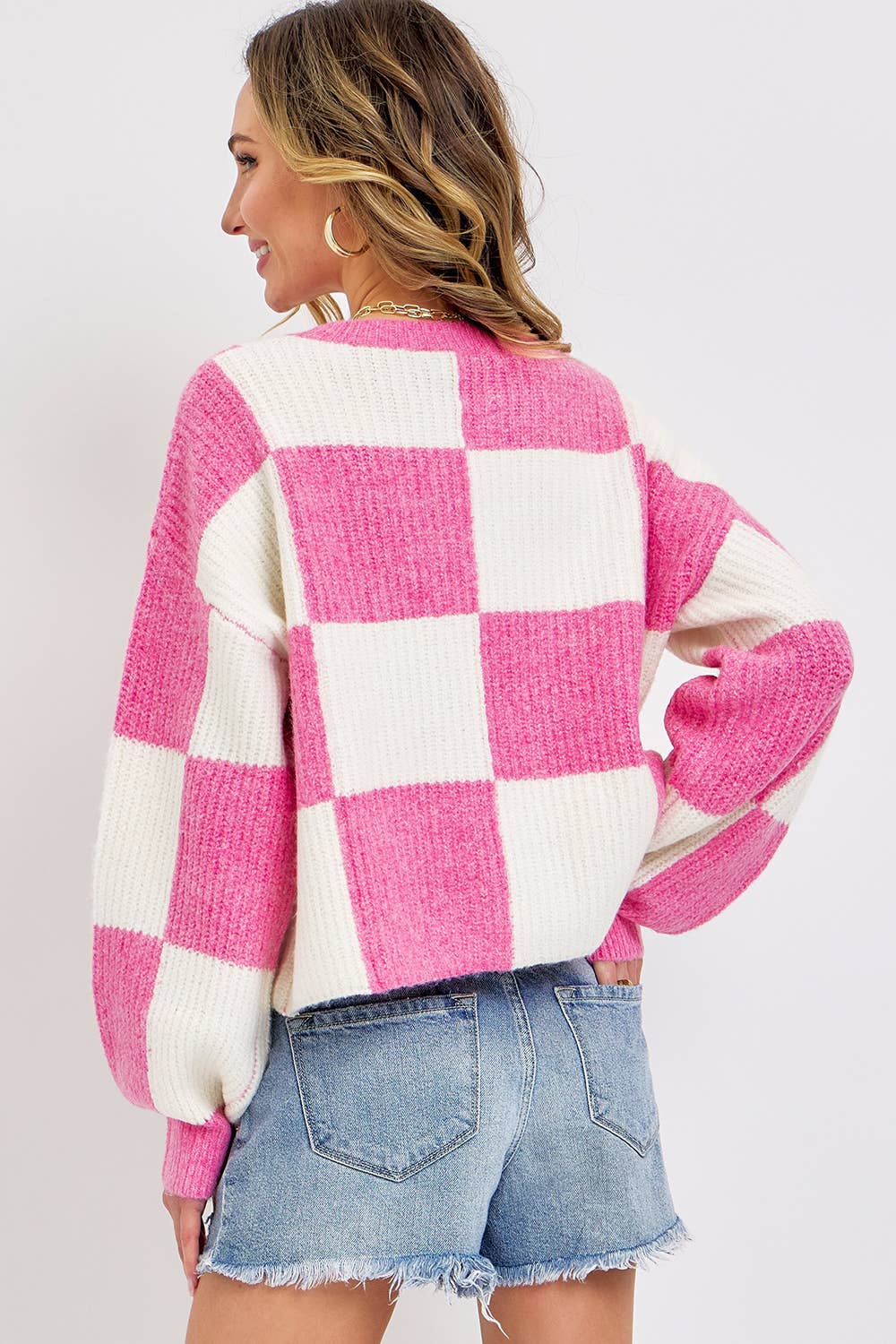 Sweet Lovely by Jen - CASUAL SOFT COZY  RELAXED FIT CHECKER KNIT SWEATER