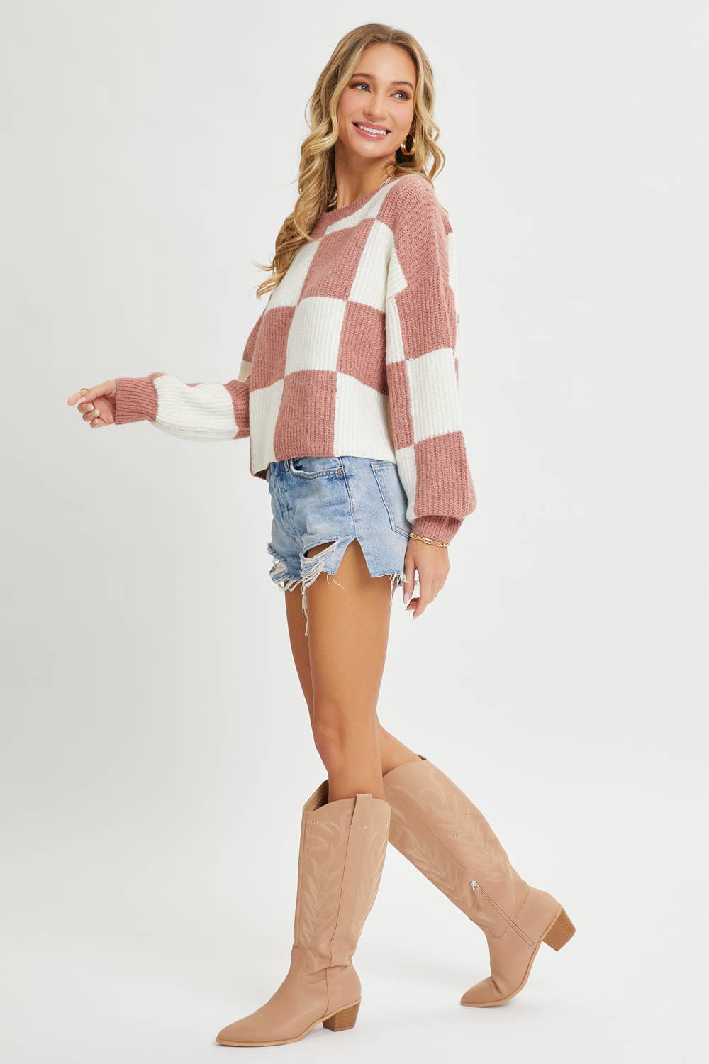 Sweet Lovely by Jen - CASUAL SOFT COZY  RELAXED FIT CHECKER KNIT SWEATER