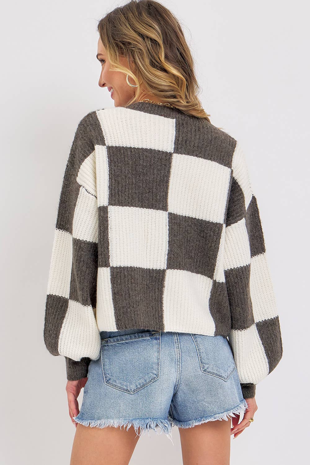 Sweet Lovely by Jen - CASUAL SOFT COZY  RELAXED FIT CHECKER KNIT SWEATER