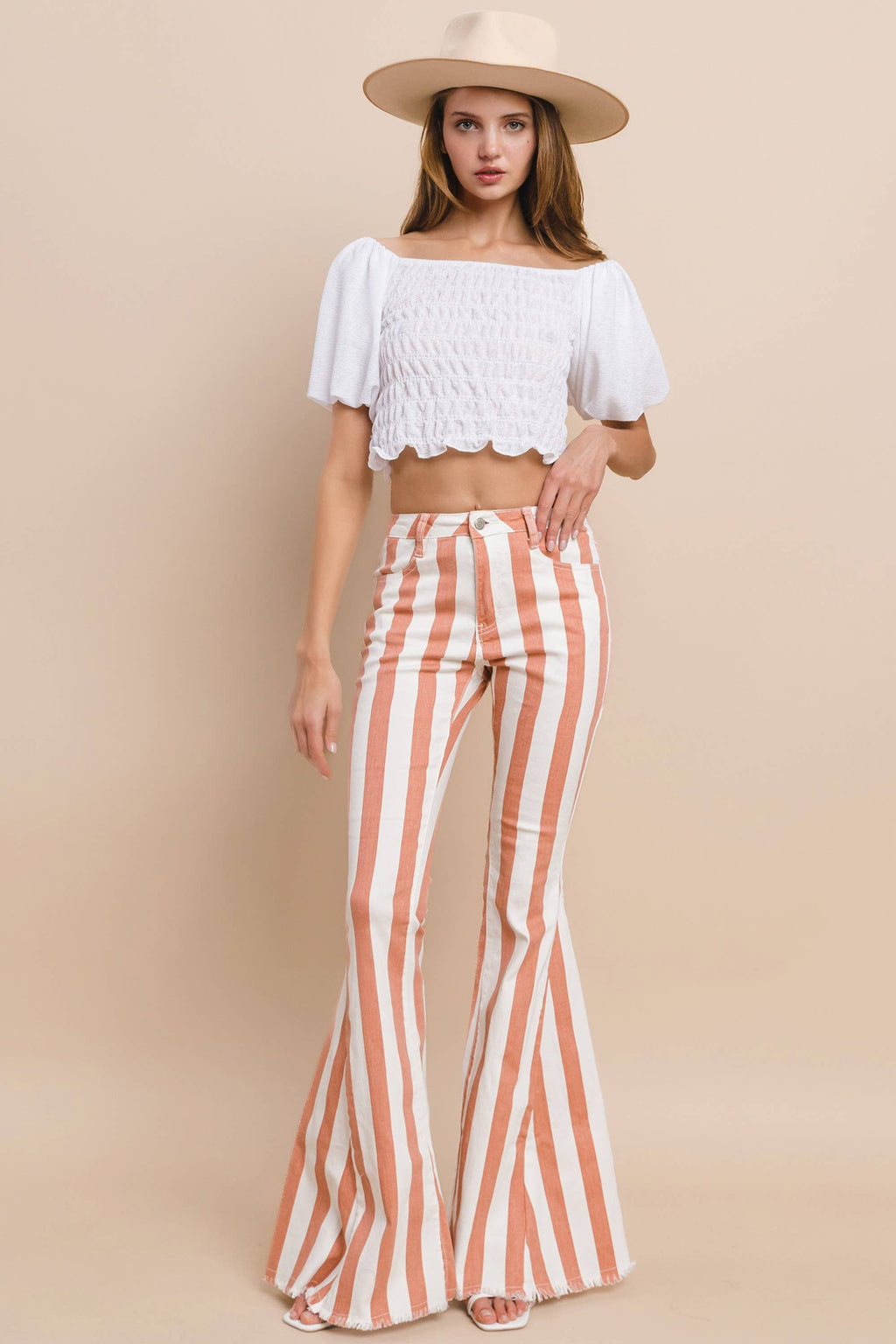 WISTERIA LANE - STRIPED DENIM BELLBOTTOMS - CREAM CORAL W2001PIA