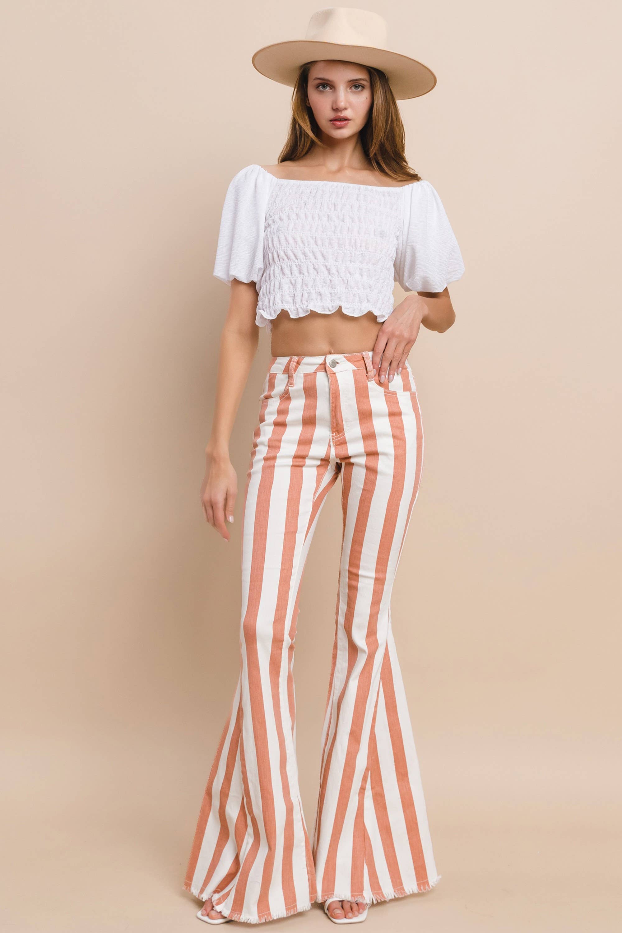 WISTERIA LANE - STRIPED DENIM BELLBOTTOMS - CREAM CORAL W2001PIA