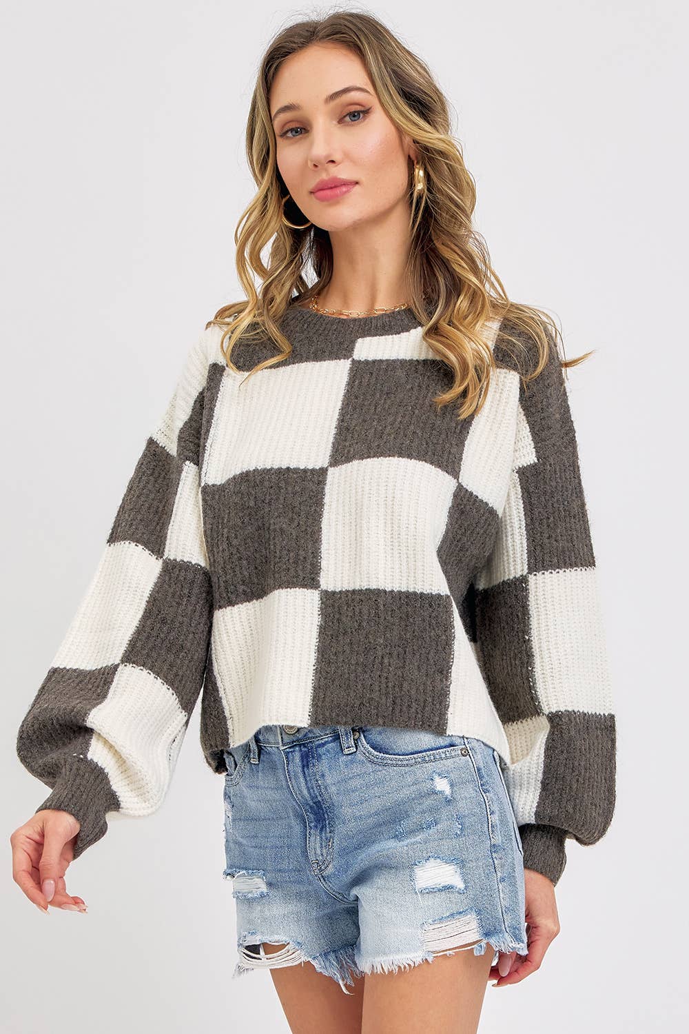 Sweet Lovely by Jen - CASUAL SOFT COZY  RELAXED FIT CHECKER KNIT SWEATER