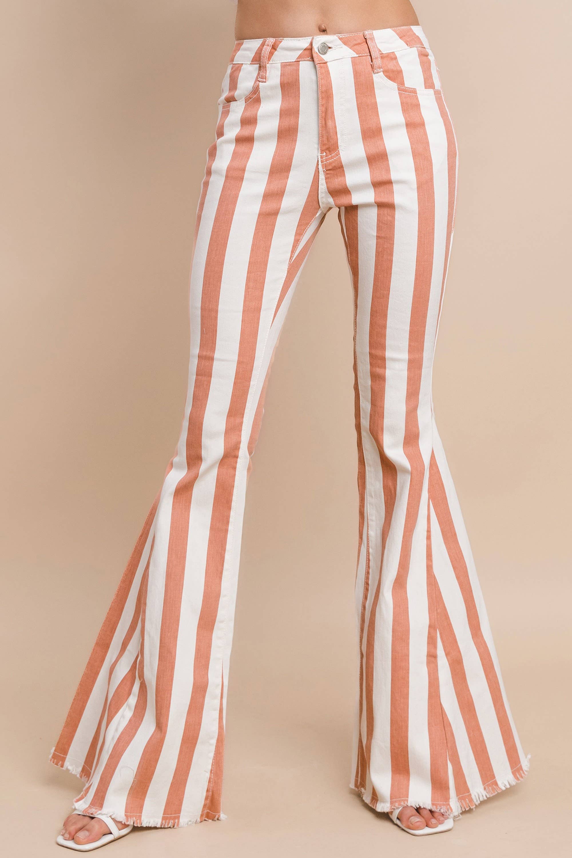 WISTERIA LANE - STRIPED DENIM BELLBOTTOMS - CREAM CORAL W2001PIA
