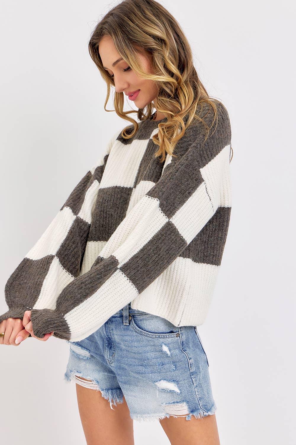 Sweet Lovely by Jen - CASUAL SOFT COZY  RELAXED FIT CHECKER KNIT SWEATER