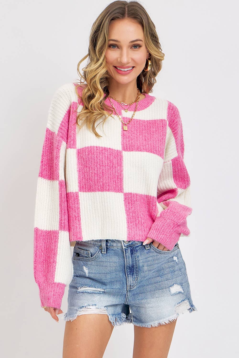 Sweet Lovely by Jen - CASUAL SOFT COZY  RELAXED FIT CHECKER KNIT SWEATER