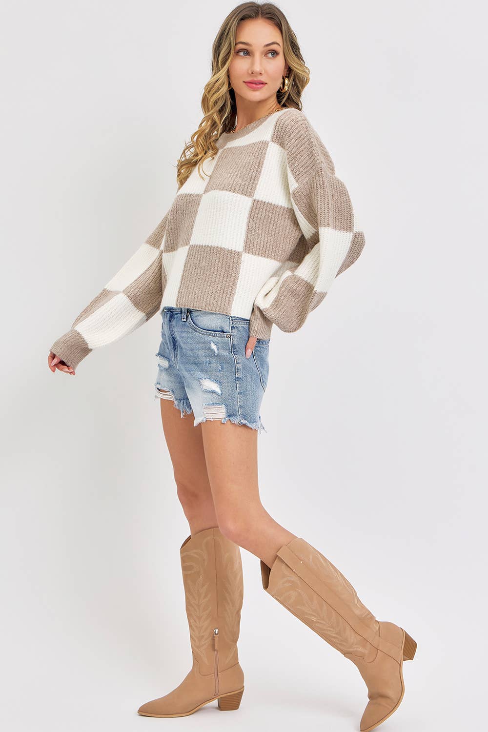 Sweet Lovely by Jen - CASUAL SOFT COZY  RELAXED FIT CHECKER KNIT SWEATER