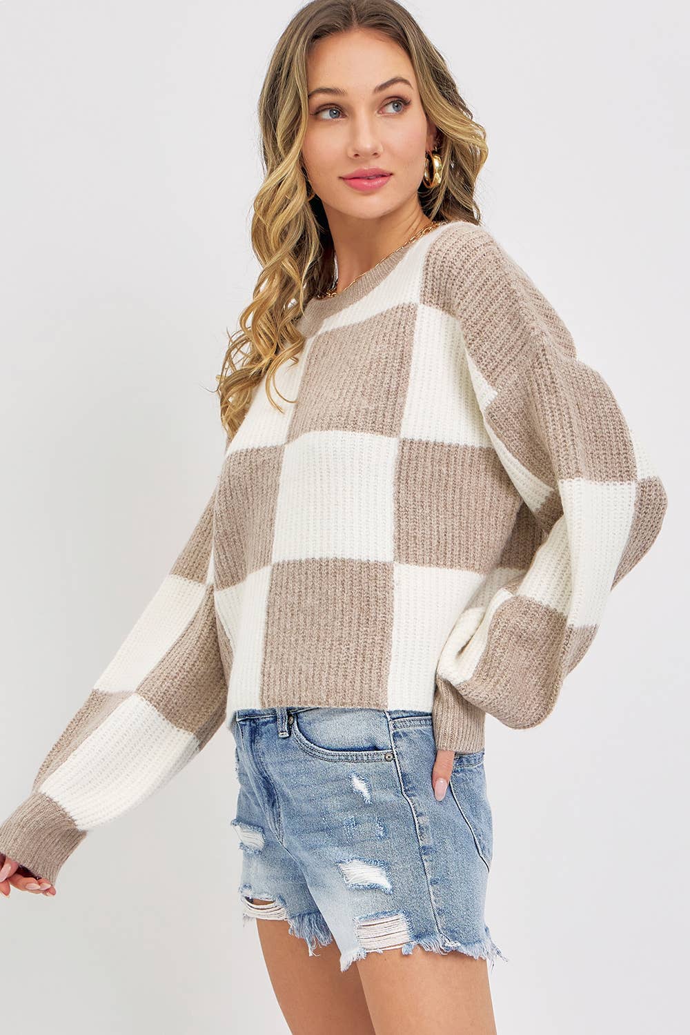 Sweet Lovely by Jen - CASUAL SOFT COZY  RELAXED FIT CHECKER KNIT SWEATER