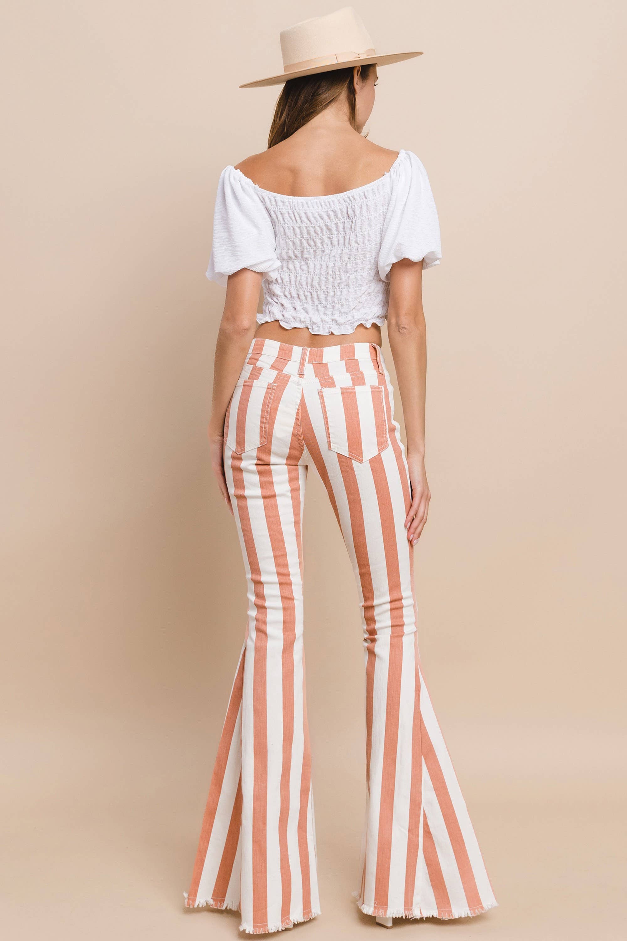 WISTERIA LANE - STRIPED DENIM BELLBOTTOMS - CREAM CORAL W2001PIA