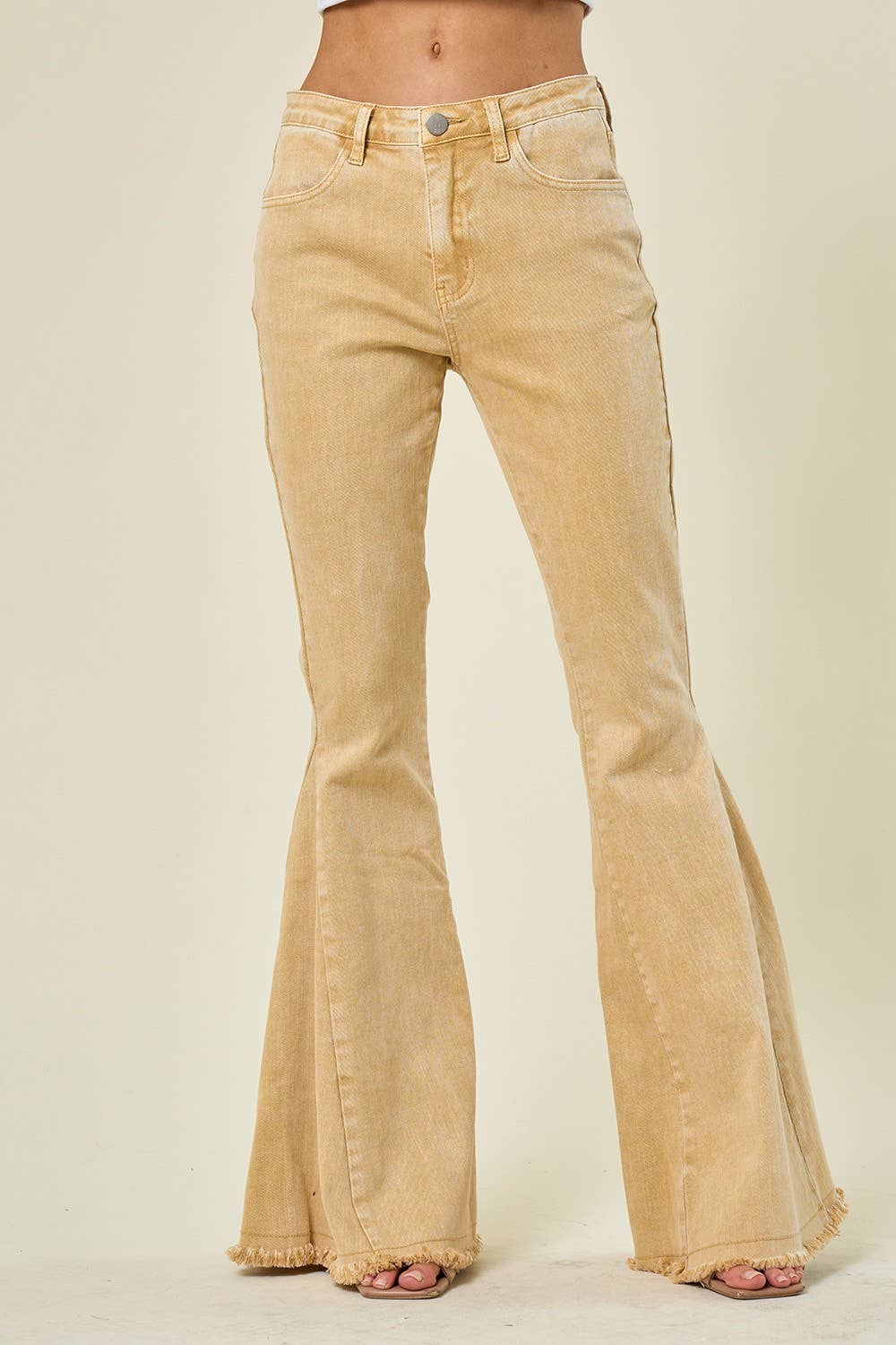WISTERIA LANE - W2010PIB ACID WASHED BELLBOTTOM JEANS - WHEAT