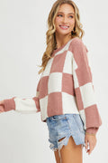 Sweet Lovely by Jen - CASUAL SOFT COZY  RELAXED FIT CHECKER KNIT SWEATER