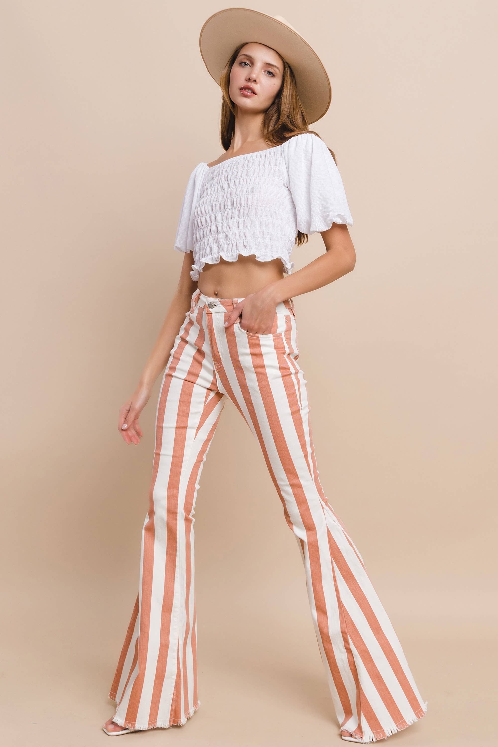 WISTERIA LANE - STRIPED DENIM BELLBOTTOMS - CREAM CORAL W2001PIA