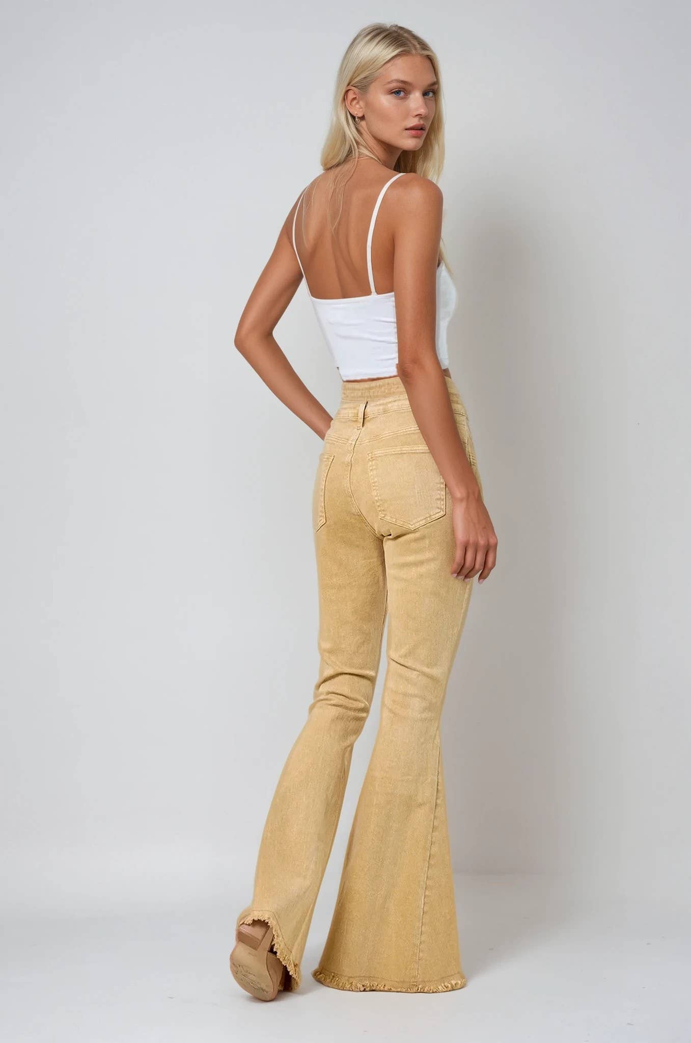 WISTERIA LANE - W2010PIB ACID WASHED BELLBOTTOM JEANS - WHEAT