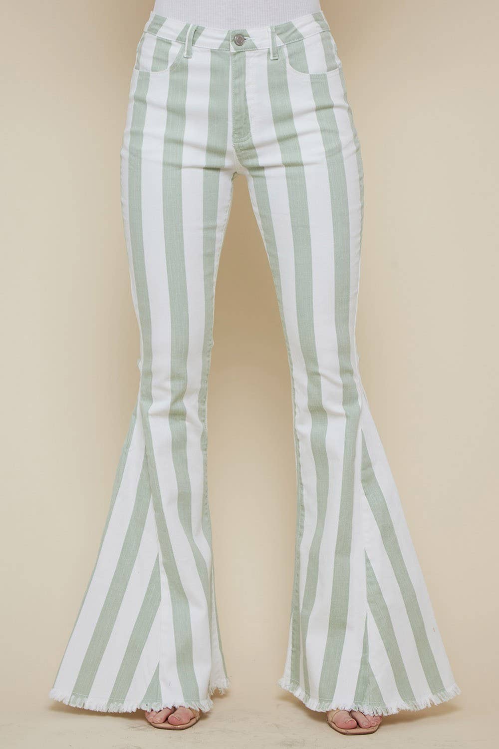 WISTERIA LANE - STRIPED BELLBOTTOM JEANS -SAGE W2001PIA
