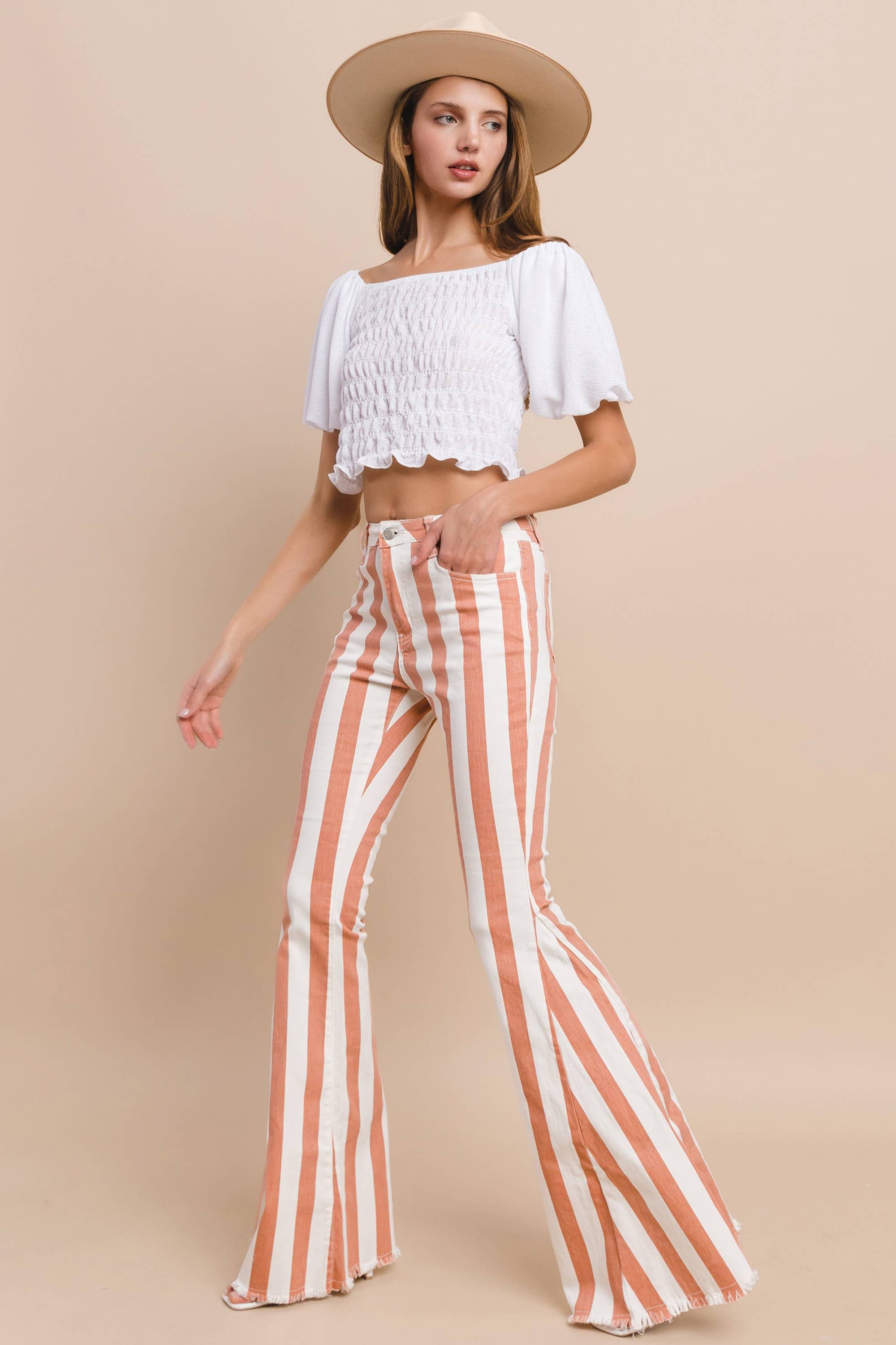 WISTERIA LANE - STRIPED DENIM BELLBOTTOMS - CREAM CORAL W2001PIA