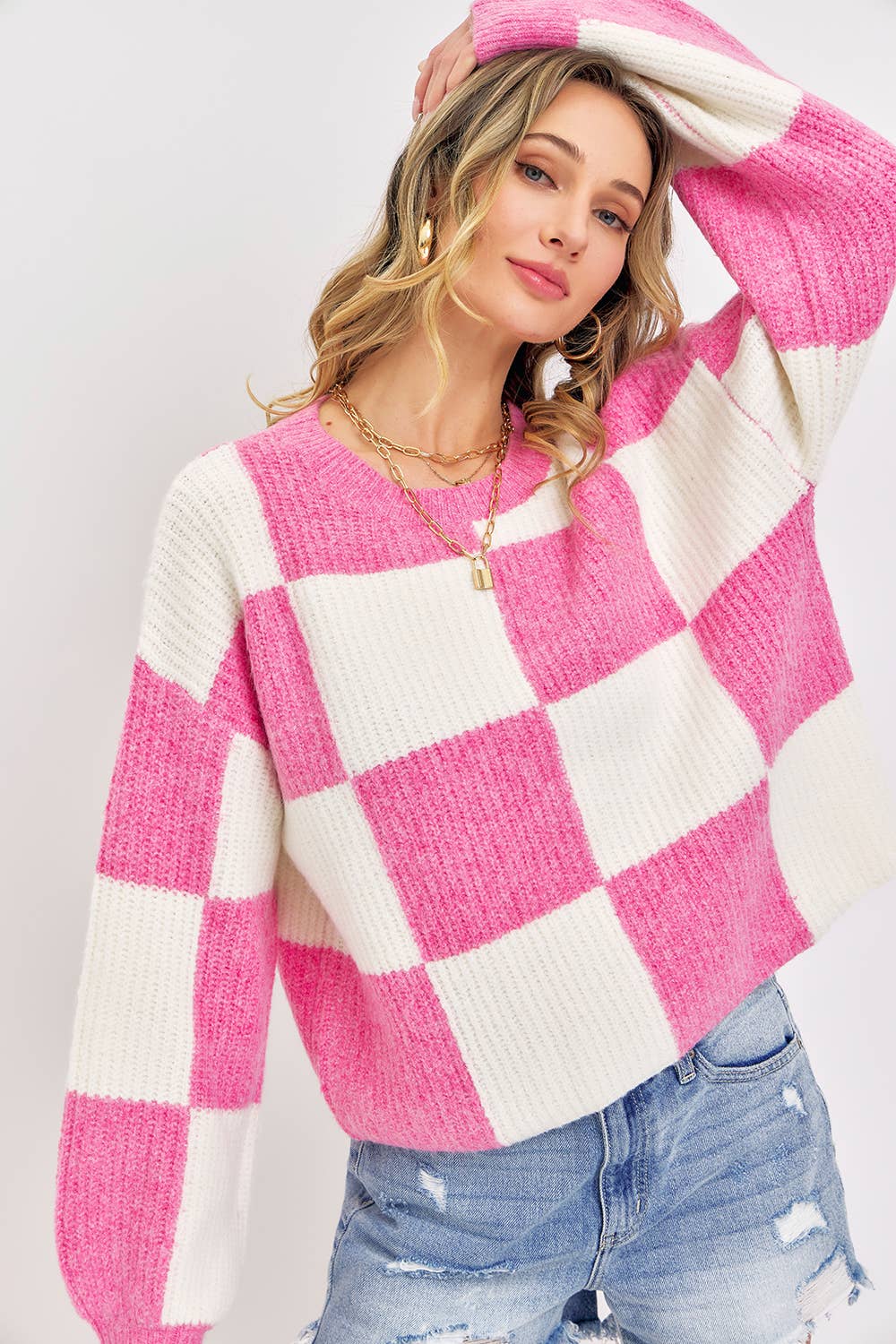 Sweet Lovely by Jen - CASUAL SOFT COZY  RELAXED FIT CHECKER KNIT SWEATER