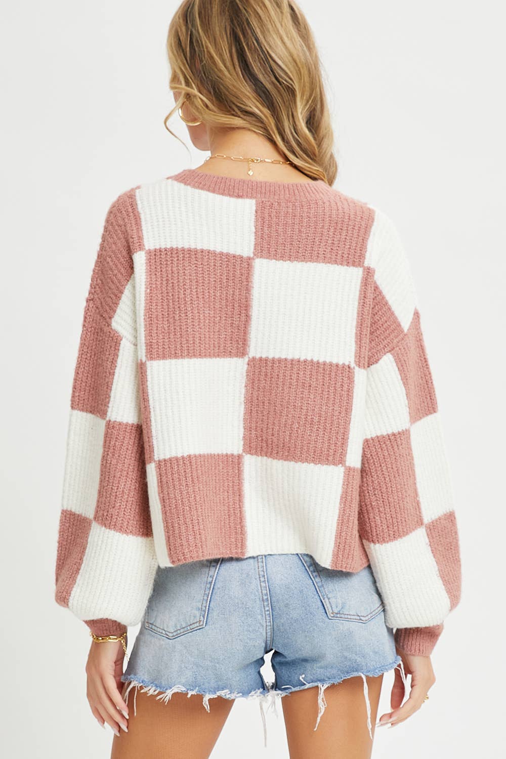 Sweet Lovely by Jen - CASUAL SOFT COZY  RELAXED FIT CHECKER KNIT SWEATER