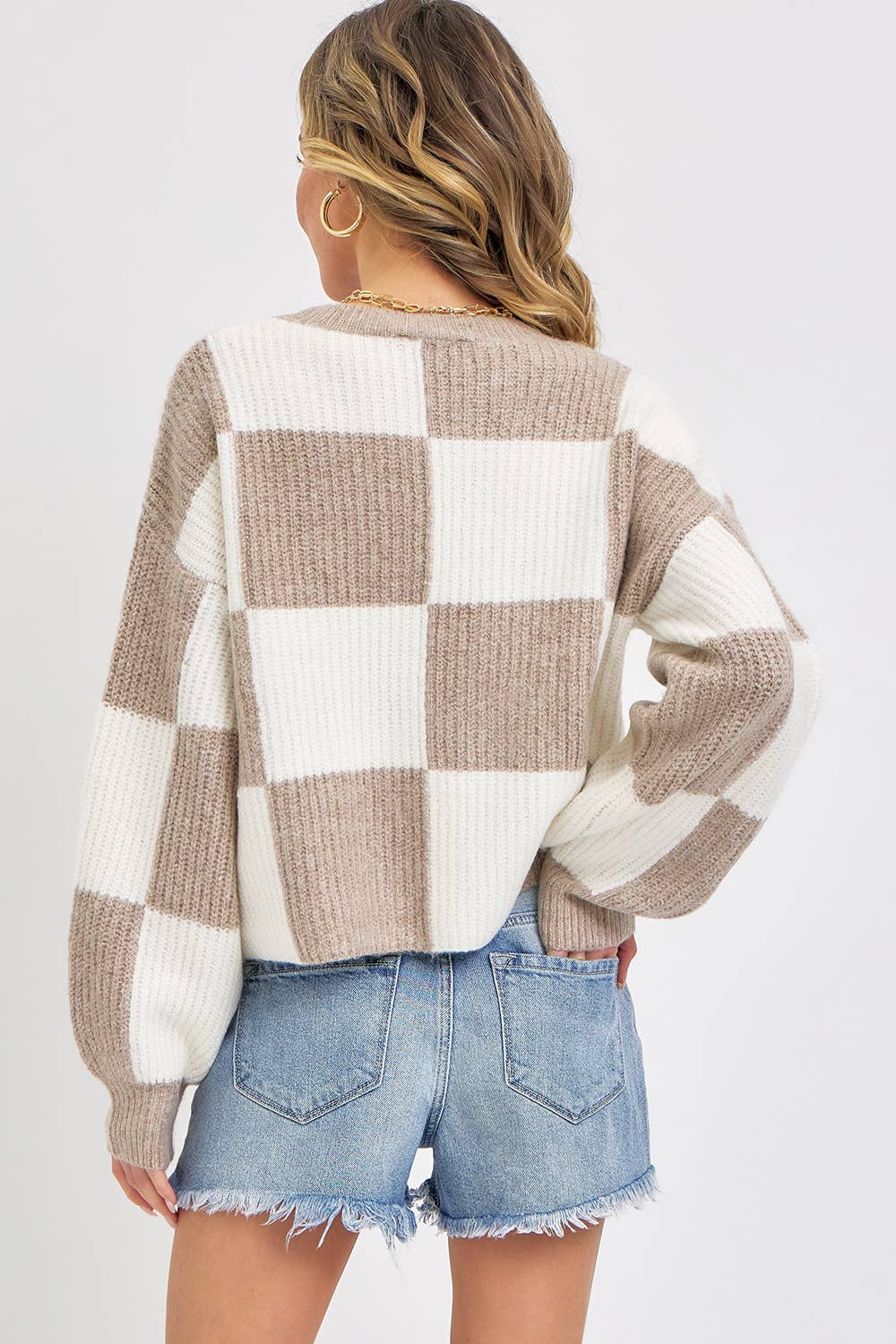 Sweet Lovely by Jen - CASUAL SOFT COZY  RELAXED FIT CHECKER KNIT SWEATER