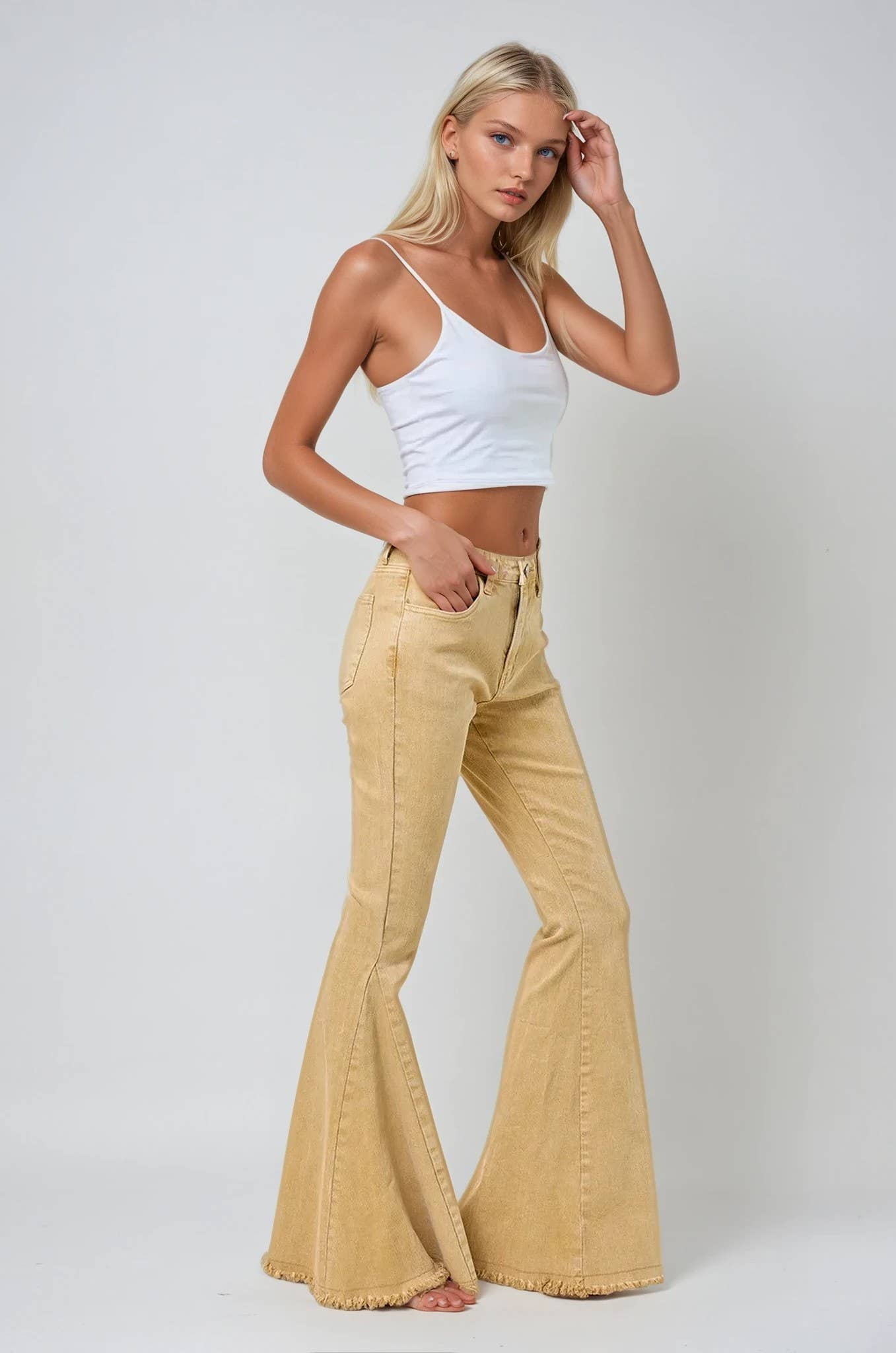 WISTERIA LANE - W2010PIB ACID WASHED BELLBOTTOM JEANS - WHEAT