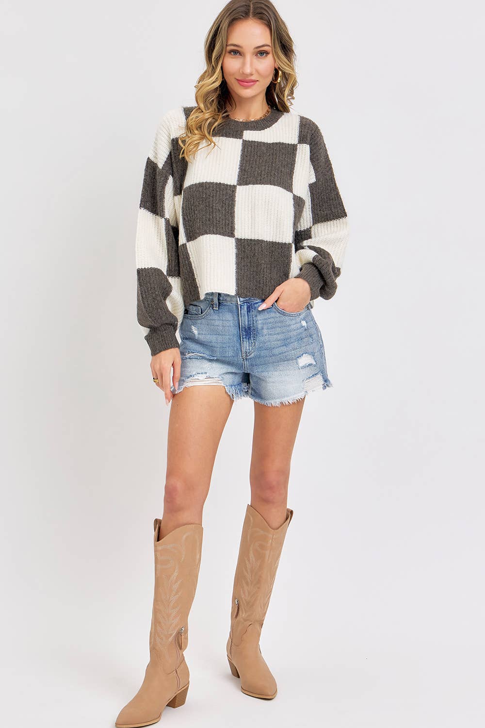 Sweet Lovely by Jen - CASUAL SOFT COZY  RELAXED FIT CHECKER KNIT SWEATER