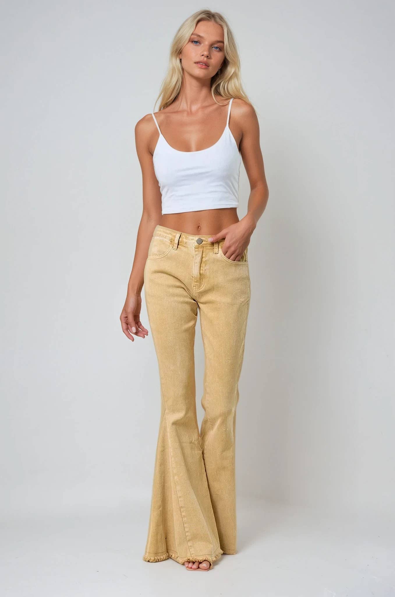 WISTERIA LANE - W2010PIB ACID WASHED BELLBOTTOM JEANS - WHEAT